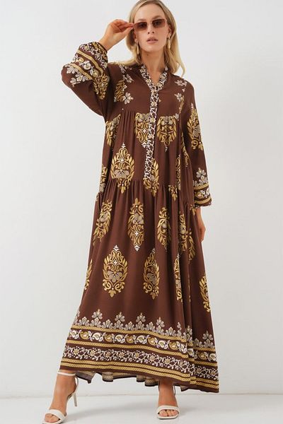 modaserdem 2423 Authentic Patterned Hijab Dress - White - Brown