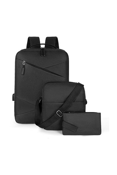 OEM Set Rucsac Laptop, cu USB, Negru, din poliester, port usb extern, buzunare si spatii de depozitare