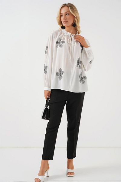 modaserdem Long Sleeve Embroidered Knitted Blouse 951 - White