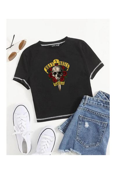 Touz Moda Guns N Roses Printed Backstitch Black Crop