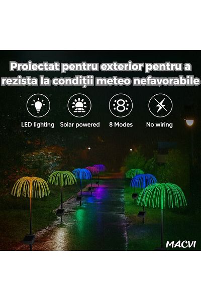 MACVI Set 2 Lampi Solare Decorative Macvi® pentru Gradina Design Palmier/Jellyfish, LED RGB, 8 Moduri