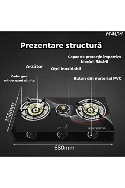 MACVI Aragaz Portabil Macvi® GPL cu 3 Arzatoare, Sticla Securizata, Aprindere Quartz, Compact, sigura