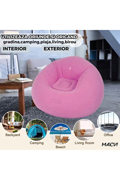 MACVI Macvi® Lazy Bag Inflatable Lounger with Pump Included, 110x110x85 cm, Portable, Indoor/Outdoor, Pink