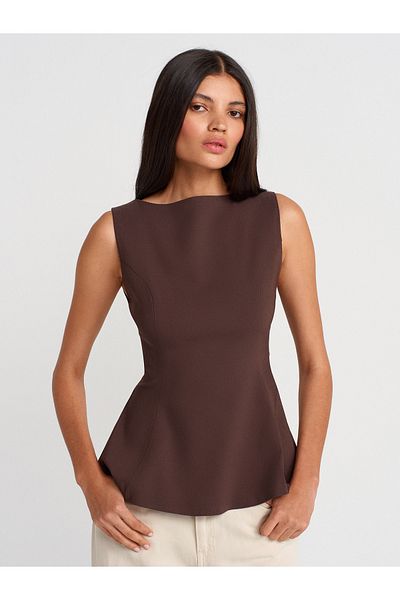 Dilvin 50281 Peplum Top-Brown