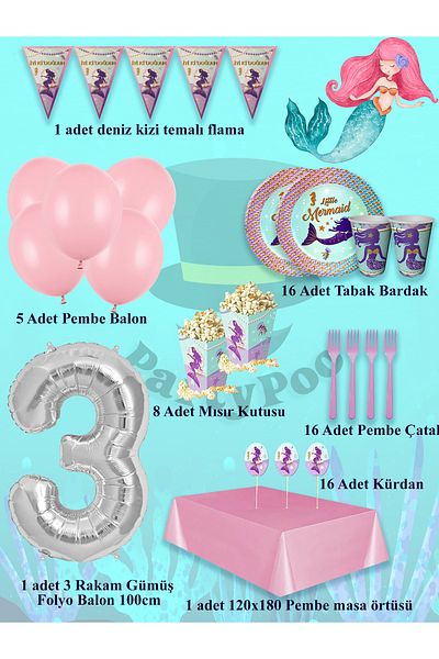 PartyPoo Mermaid Birthday Set 16 People Party Balloons, Birthday Ornaments, Birthday Party Set