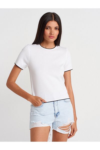 Dilvin 10776 Crew Neck Contrast Thin Knitwear Blouse-B.-Black