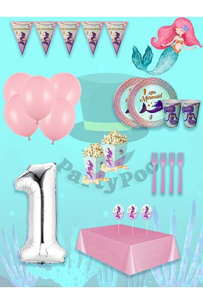 PartyPoo Mermaid Birthday Set 8 People Party Balloons, Birthday Ornaments, Birthday Party Set