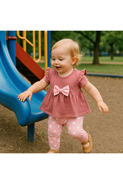 Nimini Kids Summer Bow and Ruffle Detailed Polka Dot Baby Girl T-Shirt Capri Leggings Set (6-18 Months)