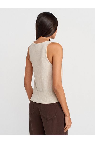 Dilvin 10766 Crew Neck Thin Knitwear Blouse-Natural
