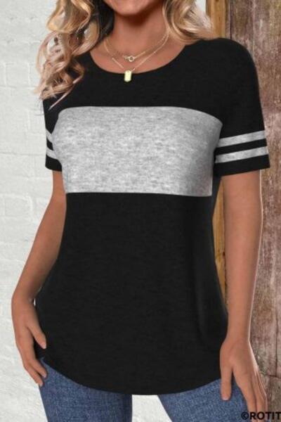 Mossta Striped Sleeve Block Patterned Viscose Blouse - Black