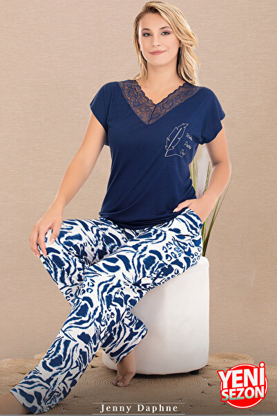 Jenny Daphne Set de pijamale cu mânecă scurtă, cu decolteu în V, cu dantelă, cu model de frunze, 12672