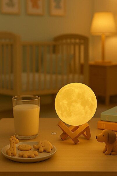 Store Ay Ahşap Standlı Gece Lambası Dekoratif Küre