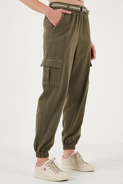 TENA Women's Khaki Palaska Belted Cargo Pocket Elastic Leg Gabardine Trousers