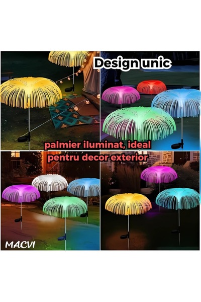 MACVI Set 2 Lampi Solare Decorative Macvi® pentru Gradina Design Palmier/Jellyfish, LED RGB, 8 Moduri