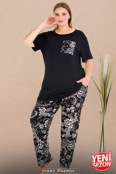 Jenny Daphne Lady Plus Size Floral Print Pajamas with Pockets Crew Neck Short Sleeve Pajama Set 11011