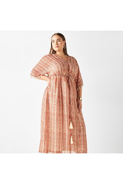 FAV Plus Size Shell Embellished Printed A-line Midi Dress with V-neck