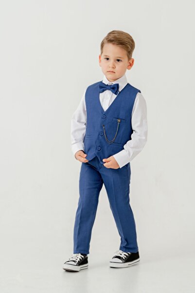 Pina Kids Erkek Çocuk Yelekli Slim Fit Takım Elbise – 4 Parça (Yelek, Pantolon, Gömlek, Papyon) TE.7026