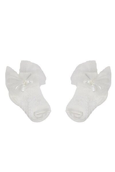 bebegen Kız Bebek Beyaz Tüllü Boncuklu Çorap 0-6 Ay