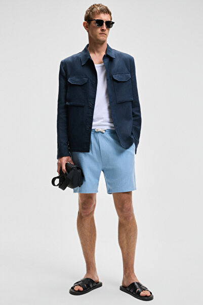 GRIMELANGE LEYTON Erkek Relaxed Fit Çift Cepli Beli Lastikli Keten Karışımlı Dokuma Mavi Şort & Bermuda