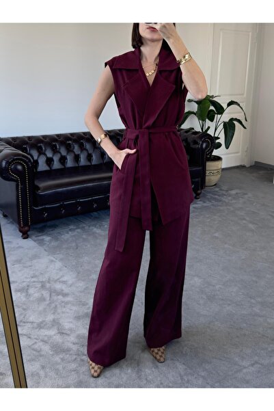 QİMYA BUTİK MAGARDE Women's Mid-Length Belted Vest and Loose Trousers Double Linen Set