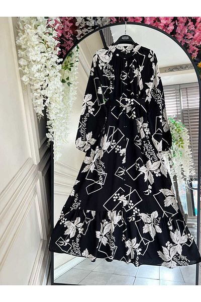 PİNK FLY Flower and Figure Pattern Red Viscose Dress