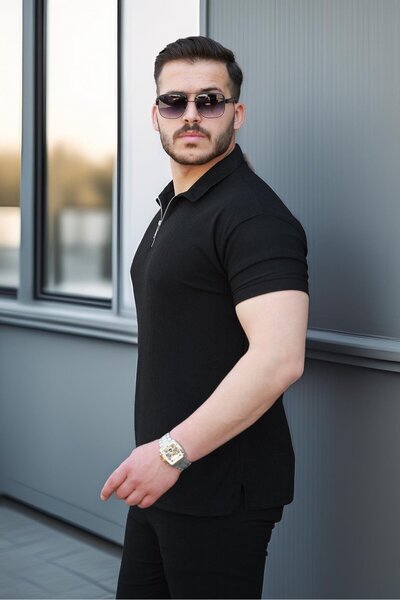 Valiberta Ανδρικό μπλουζάκι με λαιμόκοψη με μισό φερμουάρ Lycra - Μαύρο