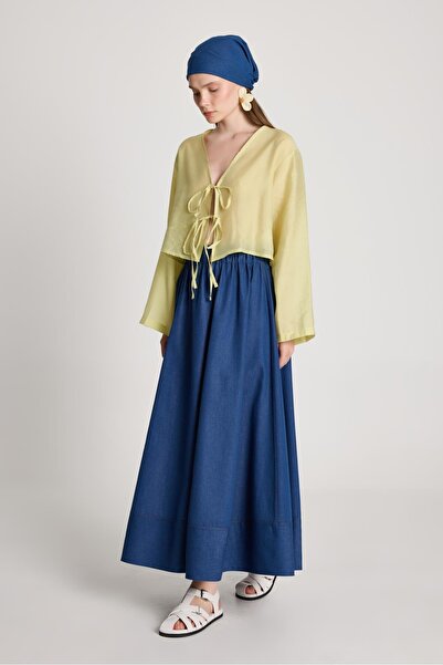 minaaise Bluză pentru femei, din țesătură modal verde ulei, cu cravată în faț...