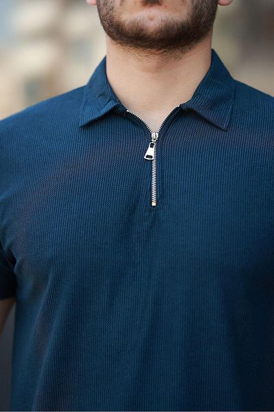 Valiberta Lycra Knitted Half Zipper Polo Neck Men's T-Shirt - Navy Blue