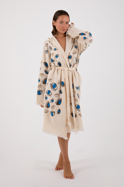 Dokubba Bathrobe - Muslin Bathrobe - Printed Muslin Bathrobe - Eye Patterned Muslin Bathrobe