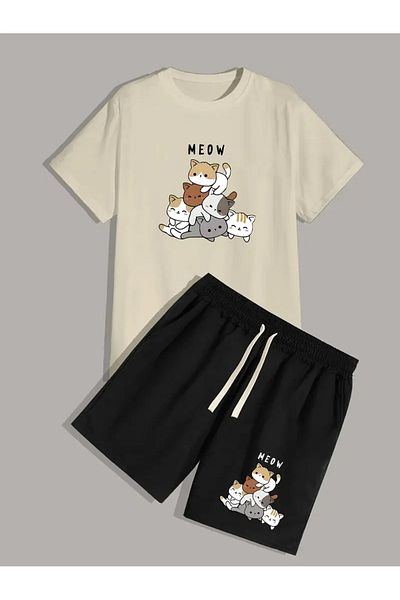 PENTHİLUS Attractive Cat Pattern Men's 2-Piece Suit: Comfortable Polyester T-Shirt and Lace-Up Shorts