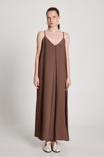 minaaise Γυναικείο Καφέ 100% Modal Strap Loose Cut Long Φόρεμα 29201