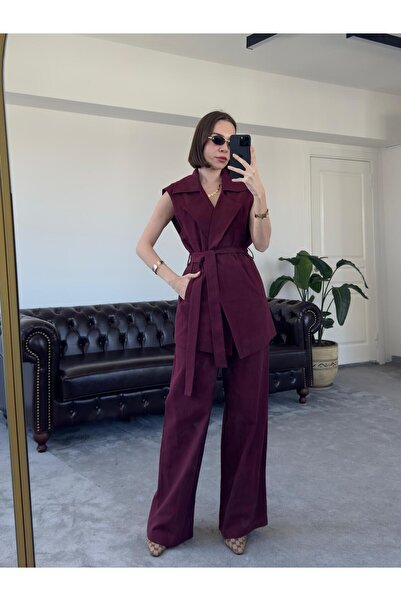 QİMYA BUTİK MAGARDE Women's Mid-Length Belted Vest and Loose Trousers Double Linen Set