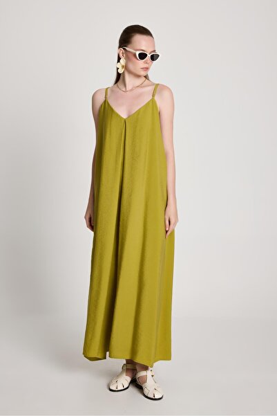 minaaise Γυναικείο Oil Green 100% Modal Strap Loose Cut Long φόρεμα 29201