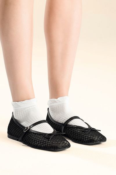 LOVENTA Pantofi de balerină negri casual cu detaliu tricotat și plasă Lia