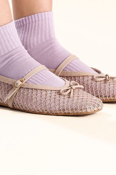 LOVENTA Pantofi de balerină casual bej cu detaliu tricotat și plasă Lia