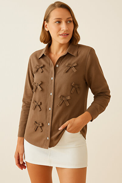 İpli Kadın Gömlek Fiyonk Detaylı Taş Düğmeli