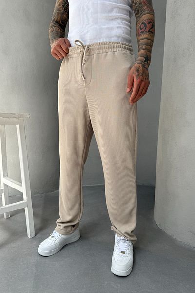 MADZEYMODA Φαρδύ Loose Fit Lycra Ανδρικό Κορδόνι Μπεζ Jogger KE-5071