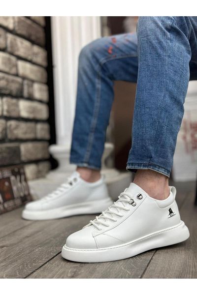 Byshoes Ba0331 Lace-Up Men's High Sole White Skin Sports Shoes