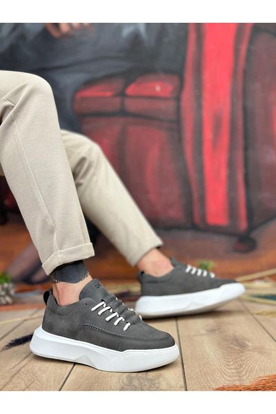 Byshoes Ba0332 Ladder Pattern Lace-Up Men's High Sole Anthracite Skin Sports Shoes