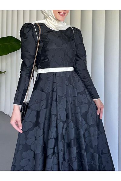 Modamorfo Ζώνη Μπαλόνι Φούστα Cold Print Kaftan Βραδινό Φόρεμα -μαύρο