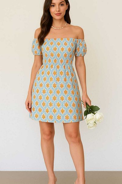 gigigiyim Rochie de damă cu decolteu barcă din țesătură cu model floral, albastru bebeluș