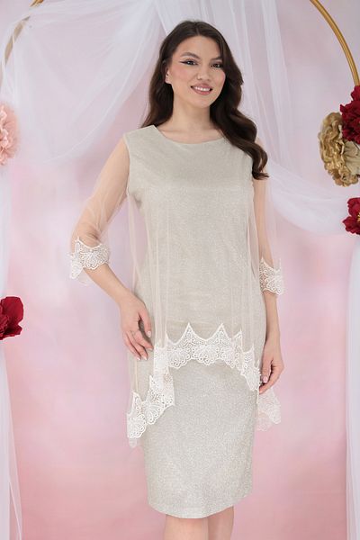 cupper Lurex occasion dress with tulle cape and ivory embroidery