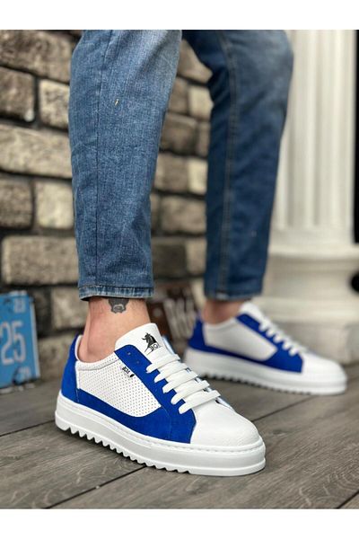 Byshoes BA0323 BOA Thick Serrated High Sole White Blue Lace-Up Sports Men's Shoes