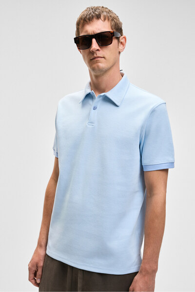 GRIMELANGE Laporte Men's Textured Fabric Slim Fit Blue Polo Neck T-Shirt
