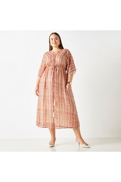 FAV Plus Size Shell Embellished Printed A-line Midi Dress with V-neck