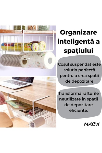 MACVI Organizator metalic Macvi® alb suspendat, prindere sub raft, fara gaurire, ideal bucatarie sau baie