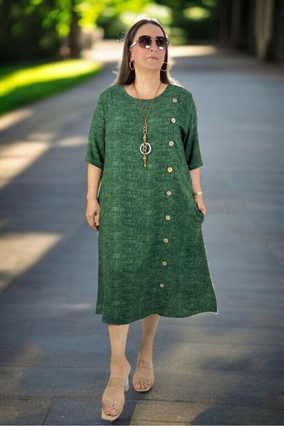 yagmurberen Side Boydan Wood Button Detail Brieve Sleeve with Pocket Intermediate Length Plus Size Cotton Viscose Dress