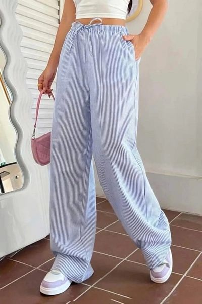 ellevana Yellow Striped Y2K Wide Leg Pants with Elastic Waist