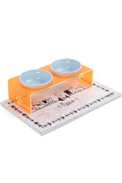 GOBYPET 2 Pack Orange Plexi Decorative Cat and Dog Ceramic Food & Water Bowl Mat Gift