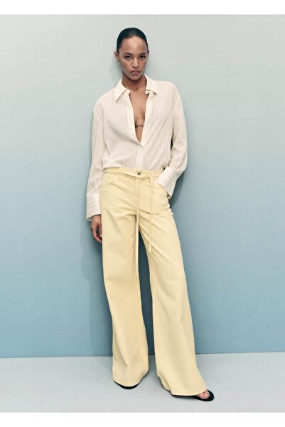 MANGO Woman Pantaloni de blugi cu talie joasă și curea, cu picioare largi